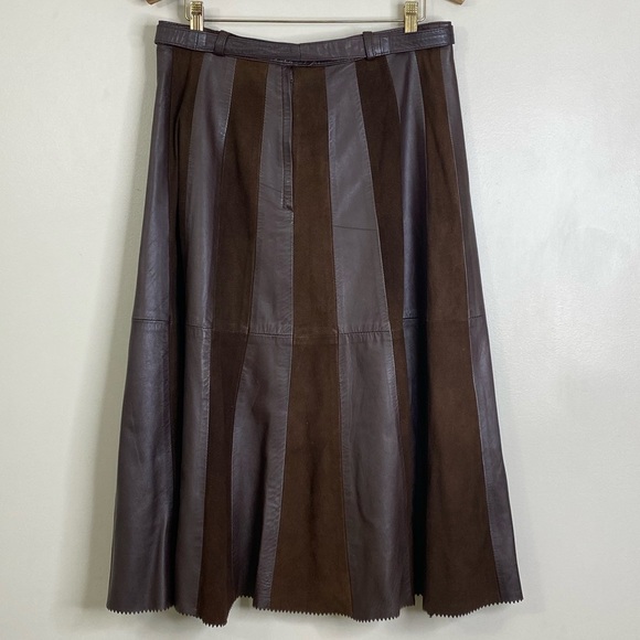 VINTAGE LEATHER SUEDE STRIPED ALINE SKIRT WITH MATCHING LEATHER TIE, ZIGZAG HEM - Picture 9 of 14